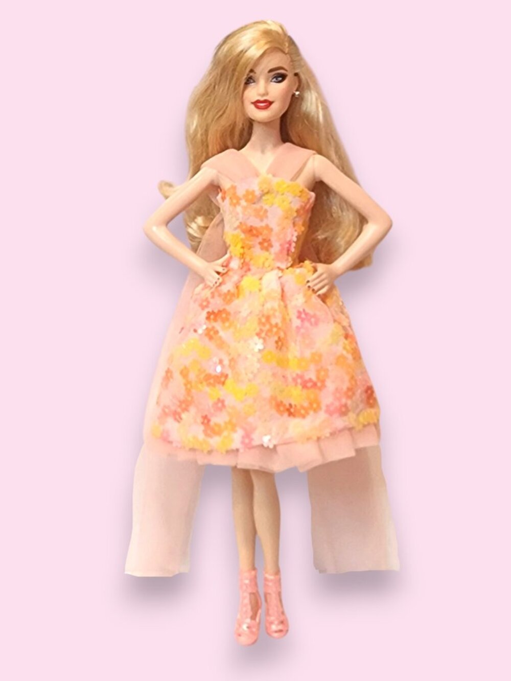 OOAK Barbie-sized Multicolor Flower Sequin Gown with Train
